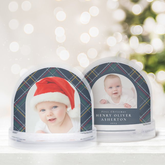 First Christmas navy holiday plaid two photo Schneekugeln (Von Creator hochgeladen)