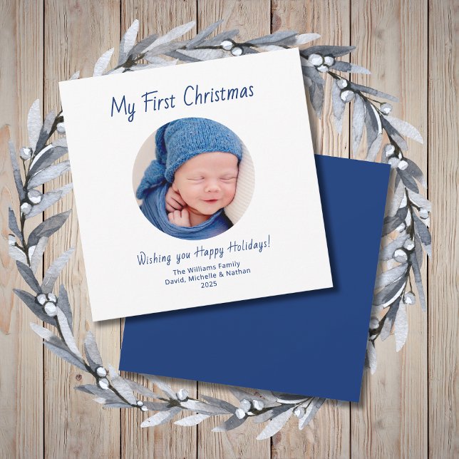 First Christmas Niedlich Baby Boy Foto Blue Feiertagskarte (Von Creator hochgeladen)