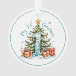 First Christmas Ornament – Snowy Tree & Gifts 
