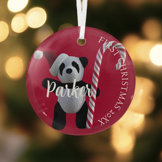 First Christmas Panda Bear Candy Cane Red Ornament Aus Glas (First Christmas panda ornament just for you)
