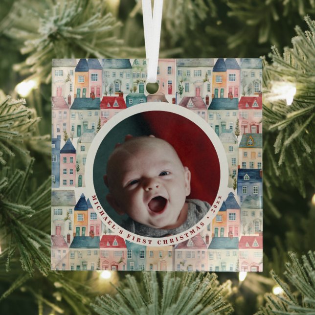First Christmas Photo Red Festive Houses Holiday  Ornament Aus Glas (Insitu)