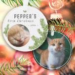 First Christmas Pine Kitten Cat 2 Foto Keepake Ornament<br><div class="desc">Erste Weihnachtsferien Kätzchen 2 Foto Keepake Ornament. Niedliches erstes Weihnachtskätzchen Foto mit Weihnachtsbaumästen. Personalisieren Sie das Ornament mit dem Foto Ihrer Katze auf der Vorderseite und auf der Rückseite des Ornaments, Name und Jahr - geben Sie Ihr Lieblings-Kitten-Foto ein. Sie können dieses maßgeschneiderte Ornament für jedes Haustier verwenden. Ein schöner...</div>