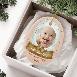 First Christmas Pink Baby Foto & Name Snow Globe Keramik Ornament