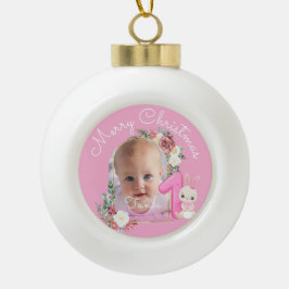 First Christmas Pink Baby Girl Photo floral Keramik Kugel-Ornament