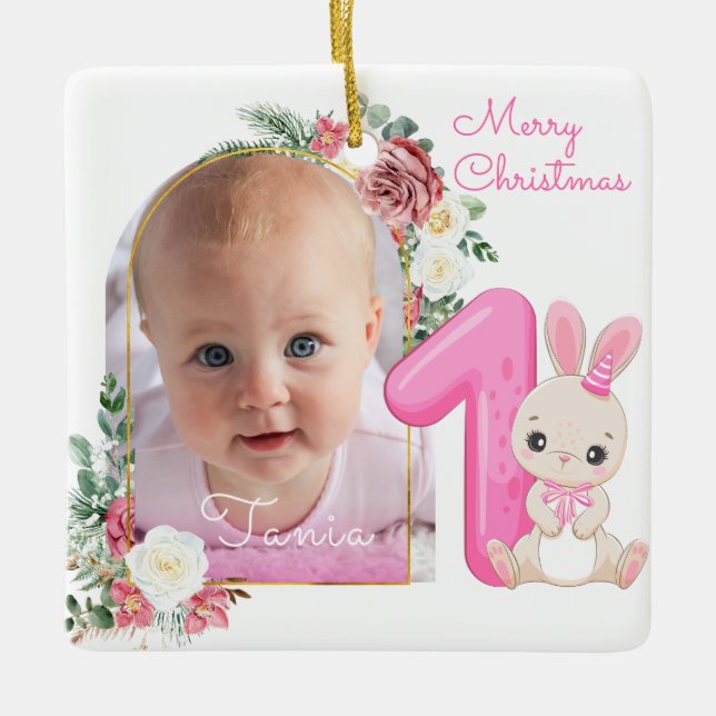 First Christmas Pink Baby Girl Photo floral Keramikornament (Vorderseite)