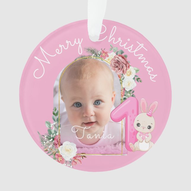 First Christmas Pink Baby Girl Photo floral Ornament (Vorderseite)