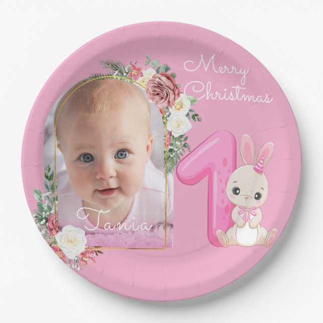First Christmas Pink Baby Girl Photo floral Pappteller (Vorderseite)