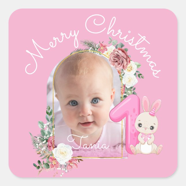 First Christmas Pink Baby Girl Photo floral Quadratischer Aufkleber (Vorderseite)