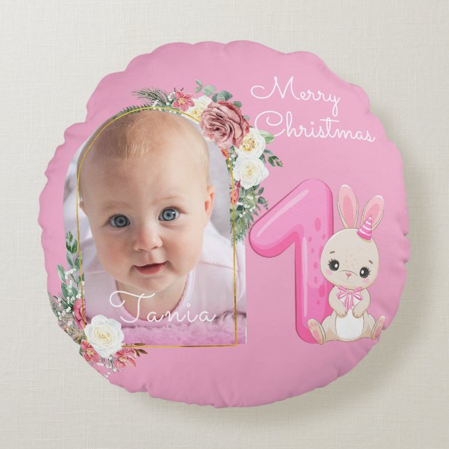 First Christmas Pink Baby Girl Photo floral Rundes Kissen (Vorderseite)