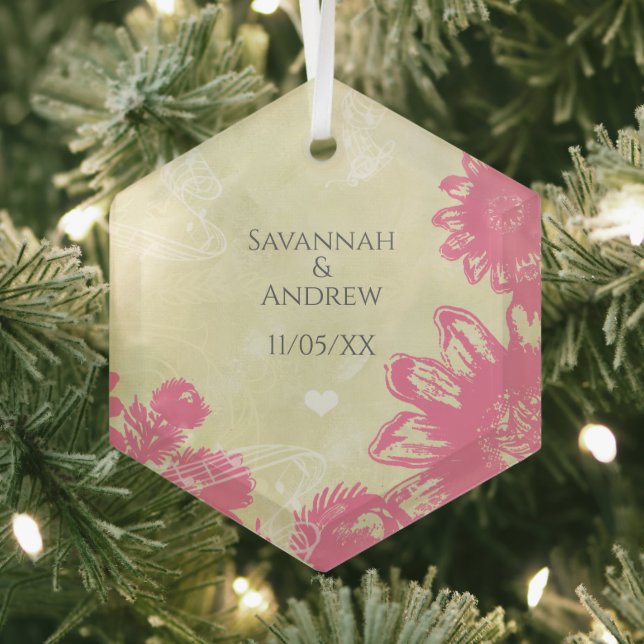 First Christmas Pink Blue Gerber Daisy Weihnachten Ornament Aus Glas (Insitu)