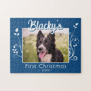 First Christmas Puppy Foto Foliage Blue Puzzle