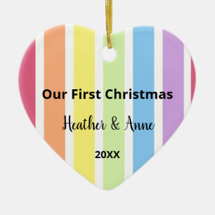 First Christmas Rainbow White Stripes Pastel Keramik Ornament