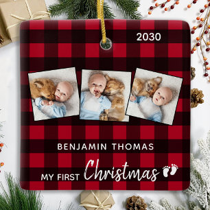 First Christmas Red Buffalo Kariert 3 Foto Baby  Keramikornament