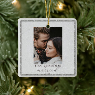 First Christmas Rhinestones Frame Couple Foto Keramikornament