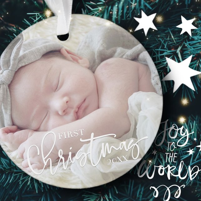 First Christmas Simple Script Custom Baby Foto Ornament (Von Creator hochgeladen)