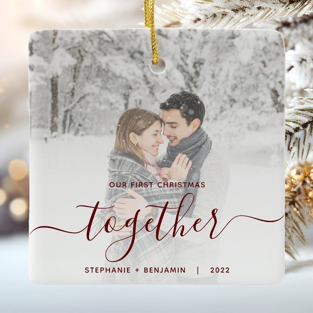 First Christmas Together Custom Foto Red Script C Keramikornament (Von Creator hochgeladen)