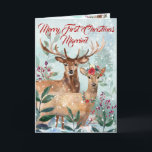 "First Christmas Verheiratet" Moderne Blumenfarbe Feiertagskarte<br><div class="desc">"Merry First Christmas Verheiratet" ist eine Weihnachtsschneeszene mit einem Buck und Doe. Sie ist geschmückt mit Weihnachten Floral Headpiece und Necklace. Sie wohnen inmitten von Tannen, Laub und Beeren und schaffen eine zauberhafte, weihnachtliche Umgebung aus Holz. Jedes Element ist sorgfältig handgemalt in Wasserfarben und individuell platziert. Die beliebte, moderne, minimale...</div>