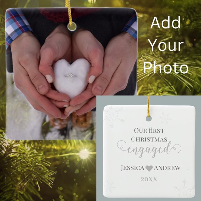 First Christmas Verlobt Couple Foto Elegante Keramikornament (First Christmas Engaged Add your Photo and Easily Personalize the Back.)