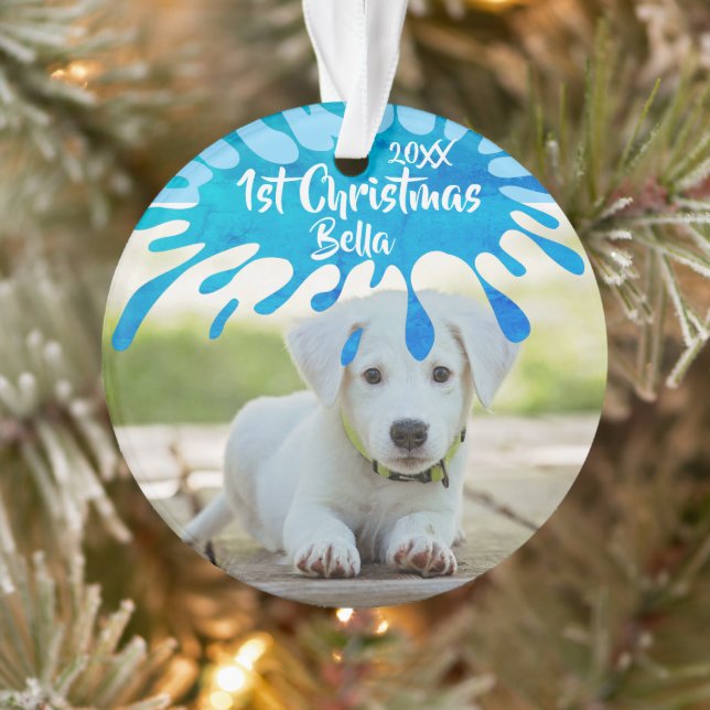 First Christmas Welppy Blue Splash Weihnachts-Foto Ornament (Baum)