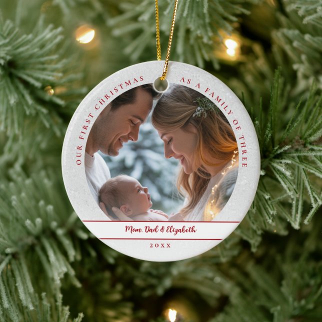 First Christmas White Red First Family Baby Photo Keramik Ornament (Baum)