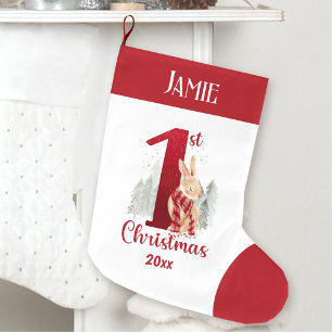 First Christmas Winter Bunny Baby Red Name Großer Weihnachtsstrumpf