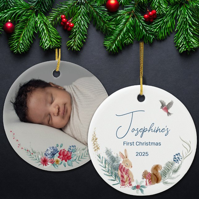 First Christmas Woodland Animal Baby Foto Keramik Ornament (Von Creator hochgeladen)