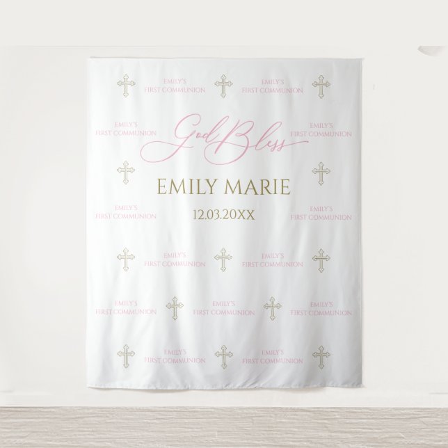 First Communion banner backdrop pink and gold Wandteppich (Vorderseite)