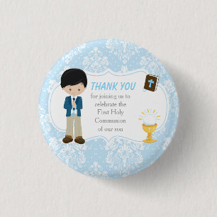 First Communion Black Hair Boy Danke Button