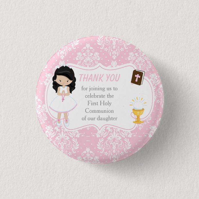 First Communion Black Hair Girl Danke Button (Vorderseite)
