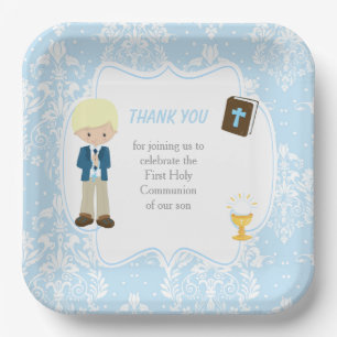 First Communion Blonde Hair Boy Danke Pappteller