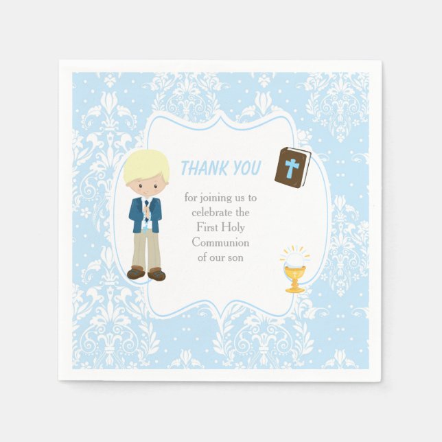 First Communion Blonde Hair Boy Danke Serviette (Vorderseite)