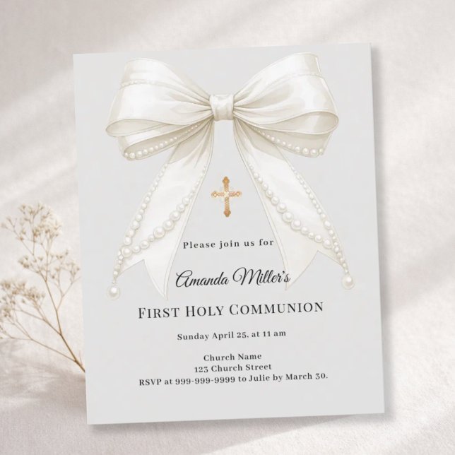 First Communion bow ivory pearls gray invitation (Von Creator hochgeladen)