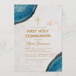 First Communion Boy Blue Geode Marble Gold Cross Einladung