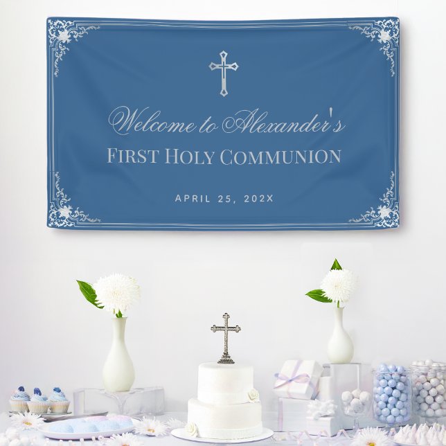 First Communion Boy Classic Blue Elegante Cross Banner (Von Creator hochgeladen)