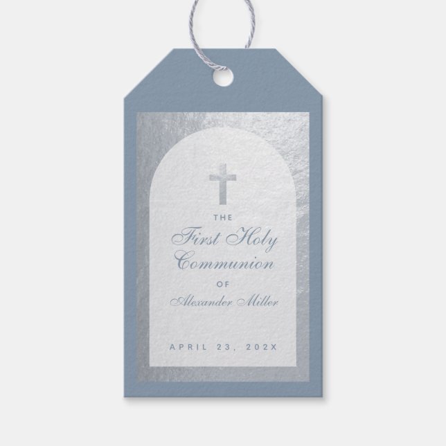 First Communion Boy Dusty Blue Imitats Silver Arch Geschenkanhänger (Vorderseite)