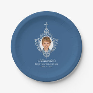 First Communion Boy Foto Classic Blue Elegante Pappteller