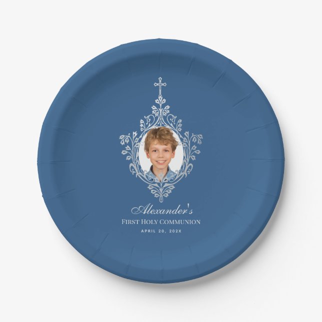 First Communion Boy Foto Classic Blue Elegante Pappteller (Vorderseite)