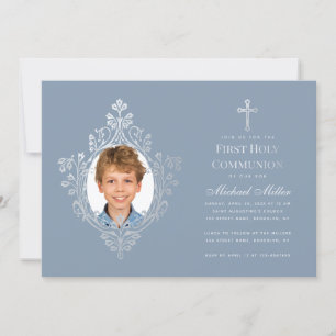 First Communion Boy Foto Dusty Blue Imitats Silver Einladung