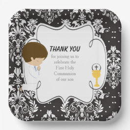 First Communion Brünett Boy Black Damask Pappteller