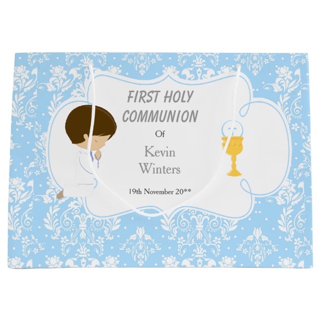 First Communion Brünett Boy Blue Damask Große Geschenktüte (Vorderseite)