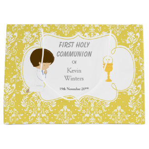 First Communion Brünett Boy Gold Damask Große Geschenktüte