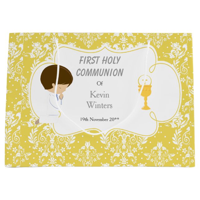 First Communion Brünett Boy Gold Damask Große Geschenktüte (Vorderseite)