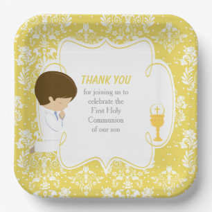 First Communion Brünett Boy Gold Damask Pappteller