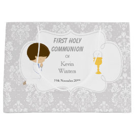First Communion Brünett Boy Silver Damask Große Geschenktüte