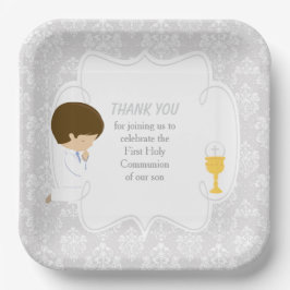 First Communion Brünett Boy Silver Damask Pappteller