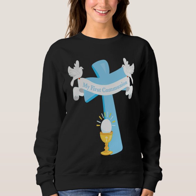 First Communion Cross Blue Grandson Boys Christian Sweatshirt (Vorderseite)