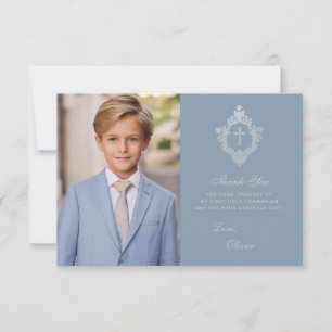First Communion Dusty Blue Elegant Boy Foto Wappen Dankeskarte