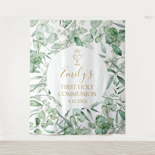 First Communion Eucalyptus greenery backdrop banne Wandteppich (Vorderseite)