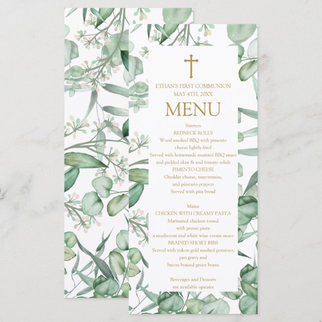 First Communion Eucalyptus leaves Menu  Menükarte (Vorne/Hinten)