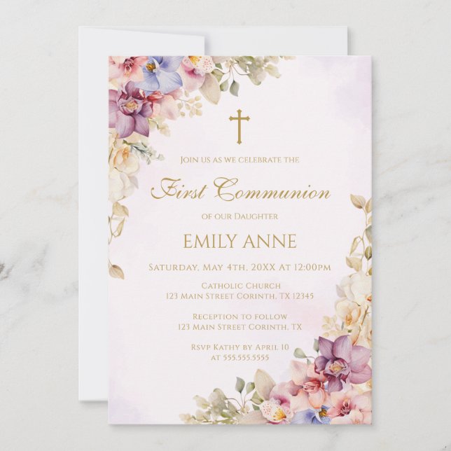 First Communion Floral Orchids Invitation Einladung (Vorderseite)